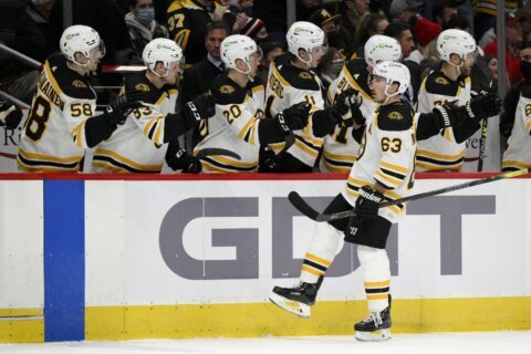Marchand bloodied, scores twice in Bruins’ 7-3 win over Caps