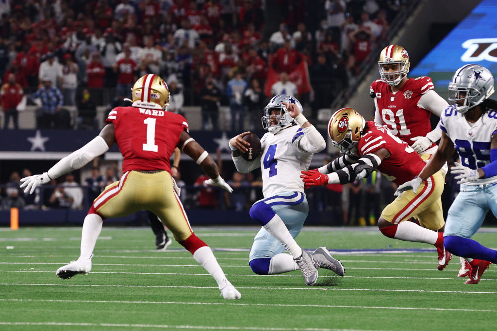 <p><em><strong>49ers 23</strong></em><br />
<em><strong>Cowboys 17</strong></em></p>
<p>In this classic matchup — the Cowboys-49ers rivalry includes an NFL record-tying eighth postseason meeting, and the first playoff tilt between them since <a href="https://www.youtube.com/watch?v=ueYco3yh_r4" target="_blank" rel="noopener">the 1994 NFC Championship Game</a> — San Francisco dominated the first three quarters and looks exactly like the draw Green Bay should be dreading. The Niners&#8217; brand of bully ball travels well, even to Lambeau Field.</p>
<p>Oh, and Dallas — HAHAHAHAHA!</p>
<p>Ahem … I laugh in lieu of repeating &#8216;I told you so&#8217; since I&#8217;ve always held the belief that the Mike McCarthy hire was an uninspired choice by Dallas, as evidenced by his chronic late-game failures so bad even a 13-year-old playing Madden would out-strategize him and then <a href="https://twitter.com/CBSSportsHQ/status/1482890093186760718?s=20" target="_blank" rel="noopener">doubling down on said failure</a>. Oh, did I mention the postseason franchise-record 14 penalties? The Cowboys aren&#8217;t nearly disciplined (<a href="https://wtop.com/nfl/2022/01/excuse-the-typo-cowboys-botch-vander-eschs-name-on-jersey/" target="_blank" rel="noopener">or detail-oriented</a>) enough to win a championship, so the beautiful marriage between the most overrated active NFL coach and the league&#8217;s most overrated team will keep <a href="https://twitter.com/ESPNStatsInfo/status/1482881223064276998?s=20" target="_blank" rel="noopener">Big D&#8217;s historic drought intact</a>.</p>
