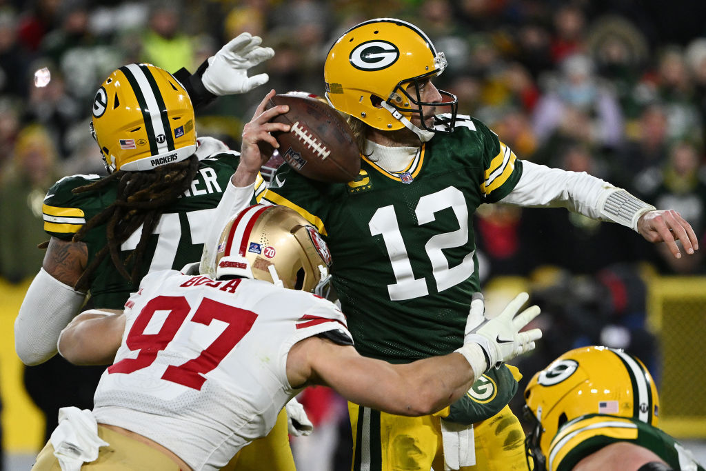 <p><em><strong>49ers 13</strong></em><br />
<em><strong>Packers 10</strong></em></p>
<p>Aaron Rodgers might own the Bears but the 49ers own him, dropping A-Rod to <a href="https://twitter.com/ESPNStatsInfo/status/1485220777074954242?s=20" target="_blank" rel="noopener">a historic 0-4 against his hometown team</a>. With Green Bay a startling 7-7 at home in the playoffs since 2002 (and making <a href="https://profootballtalk.nbcsports.com/2022/01/22/packers-had-10-players-on-the-field-for-game-deciding-field-goal/" target="_blank" rel="noopener">ridiculous late-game errors with the season on the line</a>), it&#8217;s time for the Packers to hit the reset button and move on from Rodgers.</p>
<p>Meanwhile, the Niners are on their way to an unlikely conference championship berth in a building where they&#8217;re 2-0. Only one of these NFC West rivals can be a team of destiny, and while I&#8217;m tempted to go with <a href="https://profootballtalk.nbcsports.com/2022/01/23/robbie-gould-is-20-for-20-on-field-goals-in-his-playoff-career-after-game-winner-in-green-bay/" target="_blank" rel="noopener">the best postseason kicker in NFL history</a> and the defense that held Aaron Rodgers to 10 points on his own turf, I don&#8217;t trust Jimmy Garoppolo or Matthew Stafford enough to confidently pick either team.</p>
