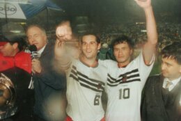 20 Oct 1996:  Midfielders John Harkes #6 and Marco Etcheverry #10 of the DC United celebrate capturing the Alan I Rothenberg Cup after the United's 3-2 victory over the Los Angeles Galaxy in the Major League Soccer MLS Championship game held at Foxboro St