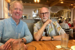 <p>Former WTOP National Security Correspondent Chas Henry, left, is seen having lunch with Dennis Owens, right, in February 2019 in Naples, Florida. (Courtesy Chas Henry)</p>
