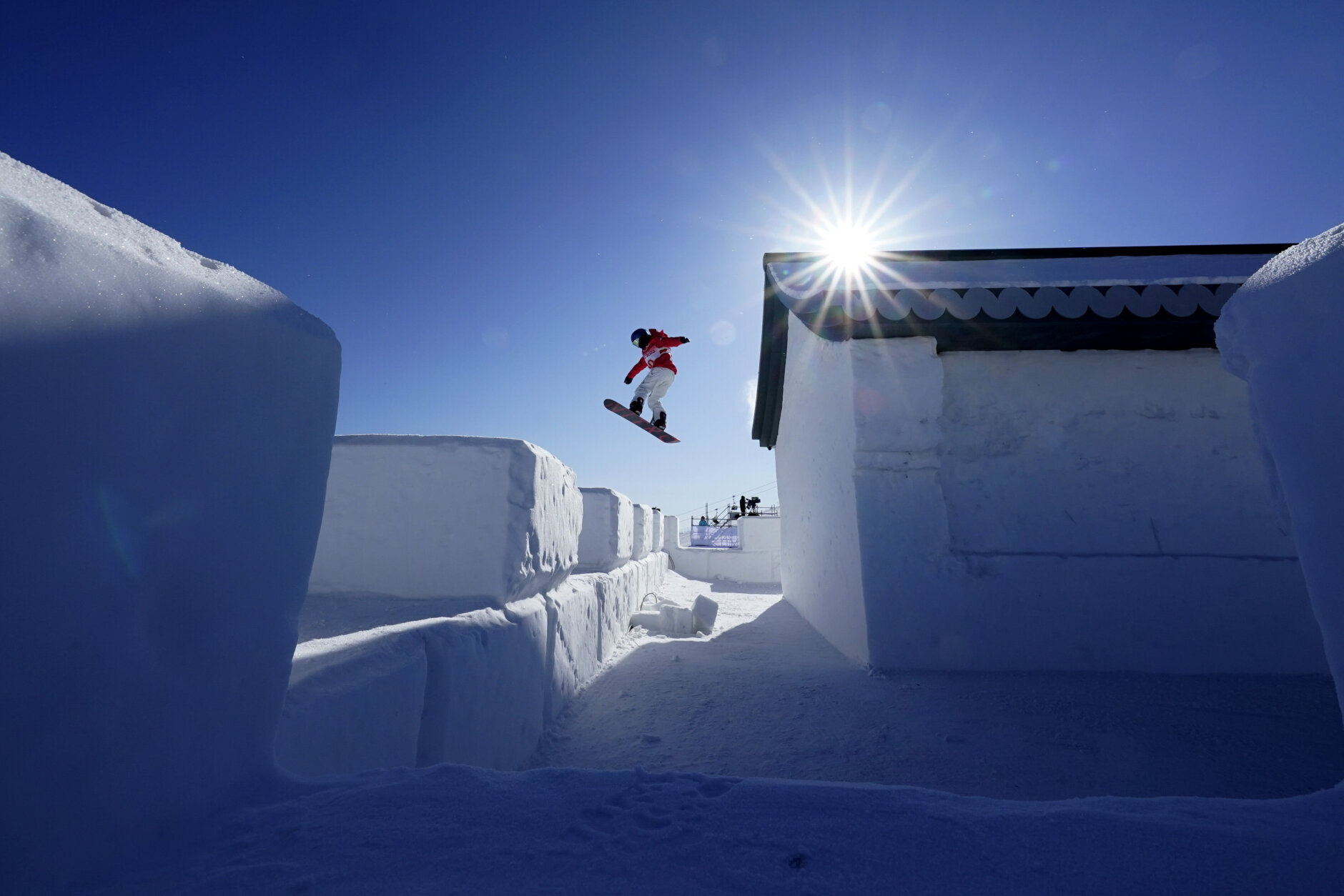 Japan's Miyabi Onitsuka trains before the women's slopestyle snowboarding qualifying at the 2022 Winter Olympics, Saturday, Feb. 5, 2022, in Zhangjiakou, China. (AP Photo/Gregory Bull)