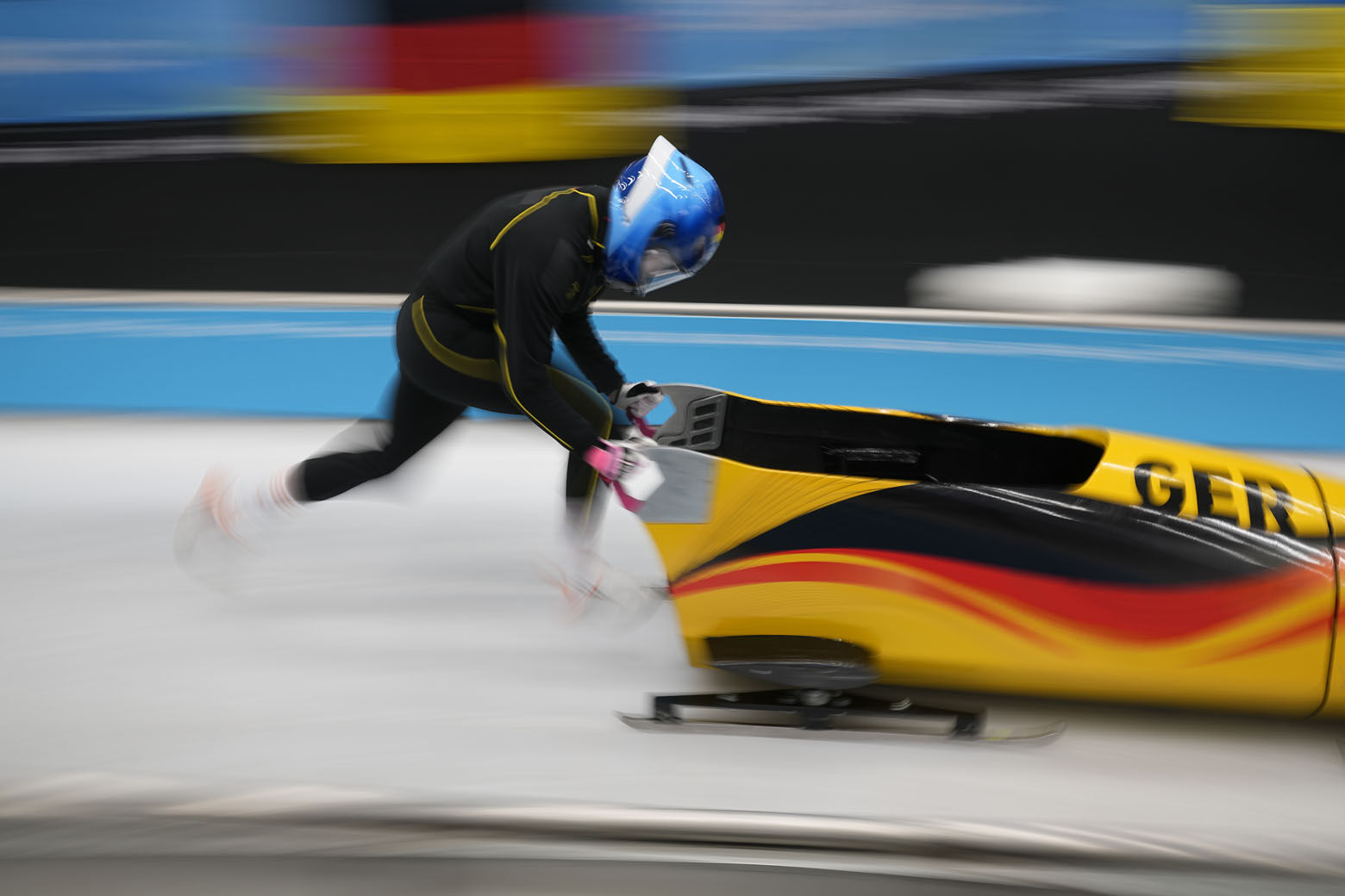 <p>Laura Nolte of Germany starts during a women&#8217;s monobob training heat at the 2022 Winter Olympics, Saturday, Feb. 12, 2022, in the Yanqing district of Beijing.</p>
