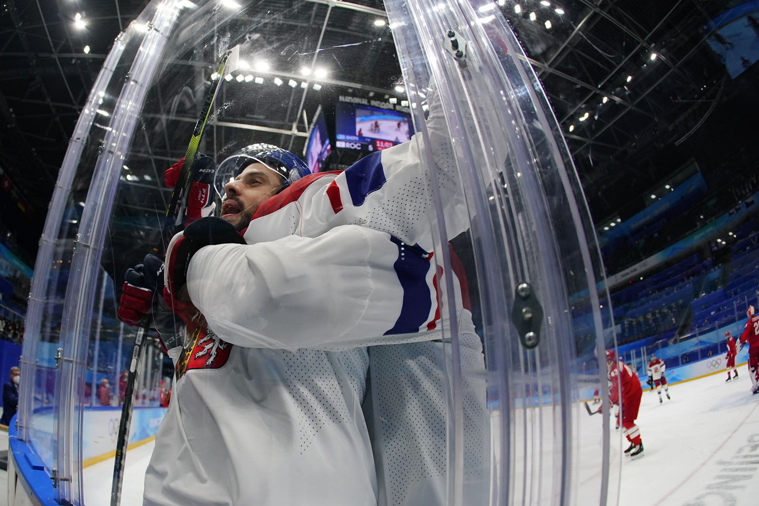 <p>Czech Republic&#8217;s Tomas Hyka celebrates after scoring a goal against Russian Olympic Committee during a preliminary round men&#8217;s hockey game at the 2022 Winter Olympics, Saturday, Feb. 12, 2022, in Beijing.</p>
