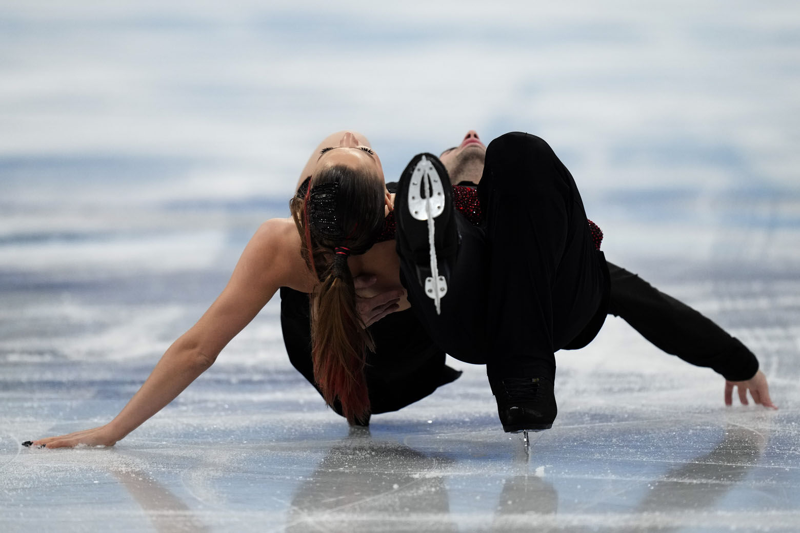 <p>Oleksandra Nazarova and Maksym Nikitin, of Ukraine, perform their routine in the ice dance competition during the figure skating at the 2022 Winter Olympics, Monday, Feb. 14, 2022, in Beijing.</p>
