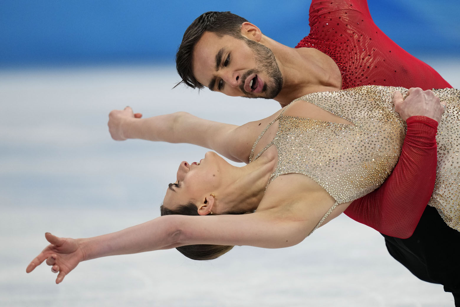 <p>Gabriella Papadakis and Guillaume Cizeron, of France, perform their routine in the ice dance competition during the figure skating at the 2022 Winter Olympics, Monday, Feb. 14, 2022, in Beijing.</p>
