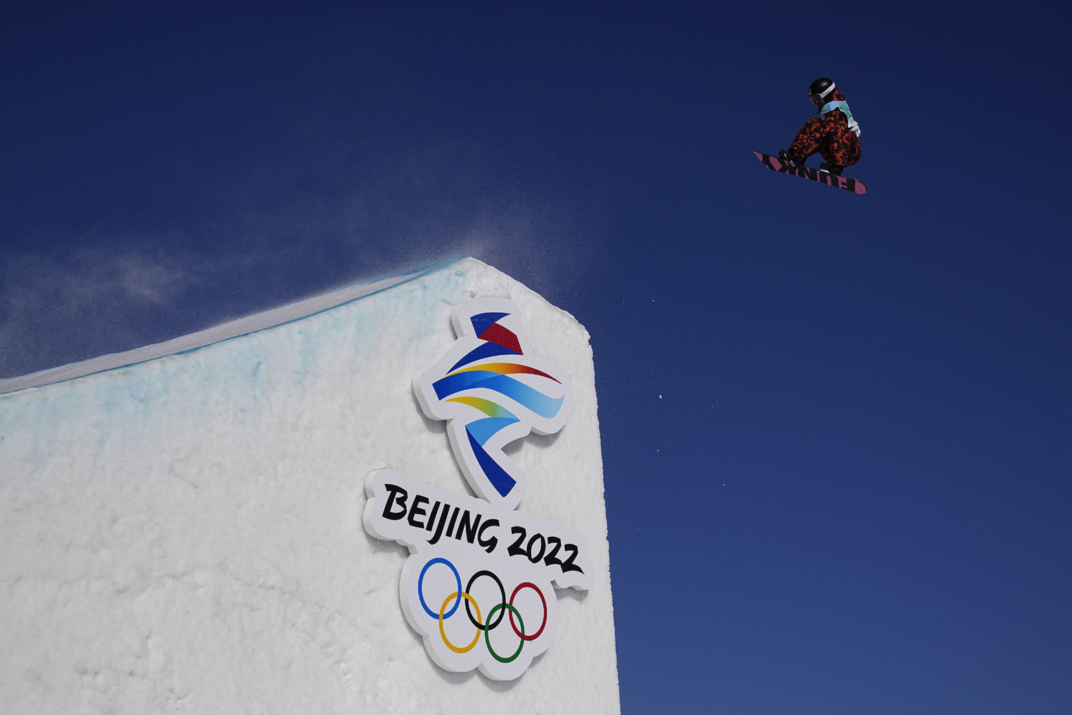 <p>Nicolas Huber of Switzerland competes during the men&#8217;s snowboard big air qualifications of the 2022 Winter Olympics, Monday, Feb. 14, 2022, in Beijing.</p>
