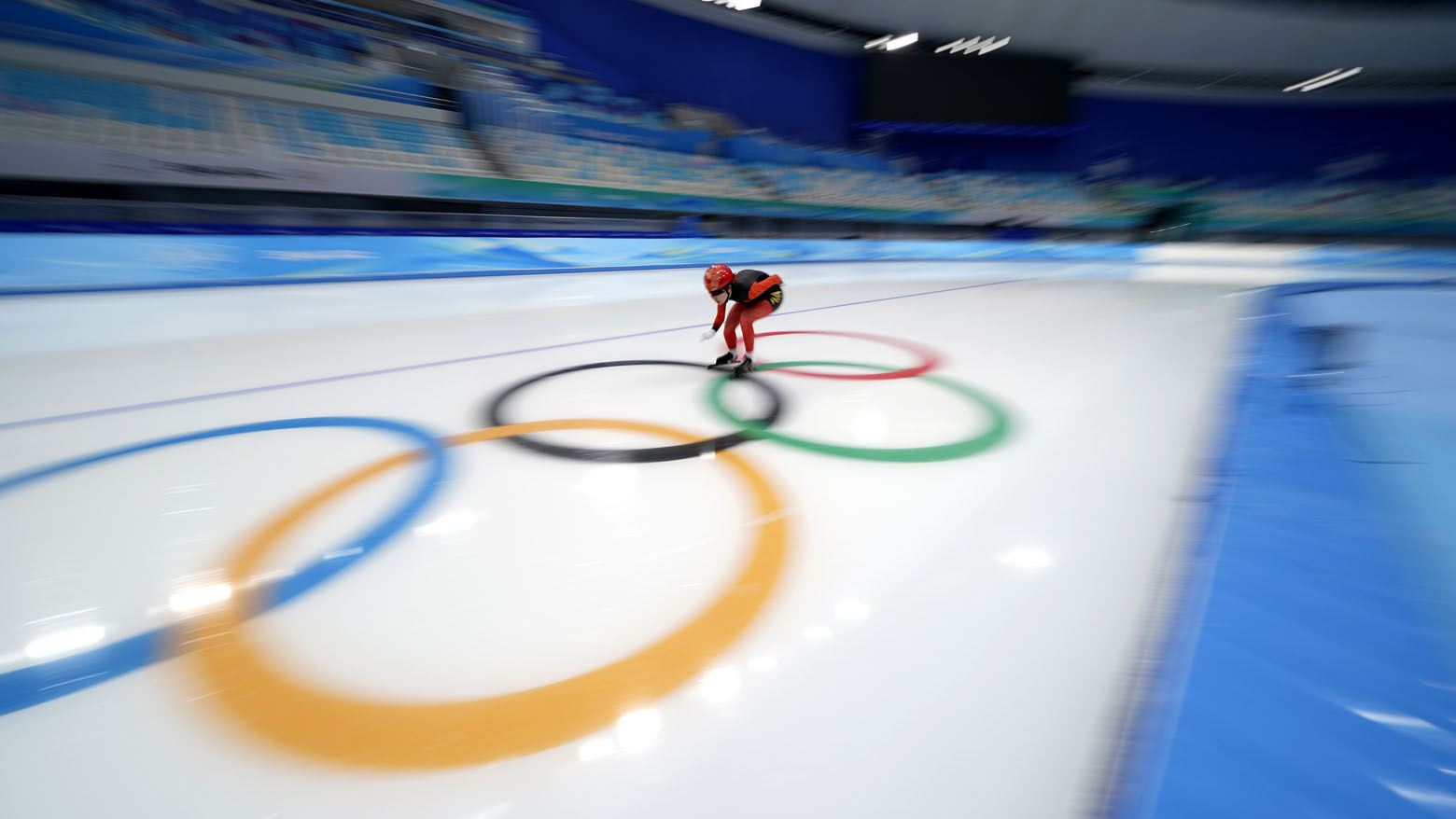 <p>Han Mei of China skates during a speedskating practice session at the 2022 Winter Olympics, Monday, Feb. 14, 2022, in Beijing.</p>
