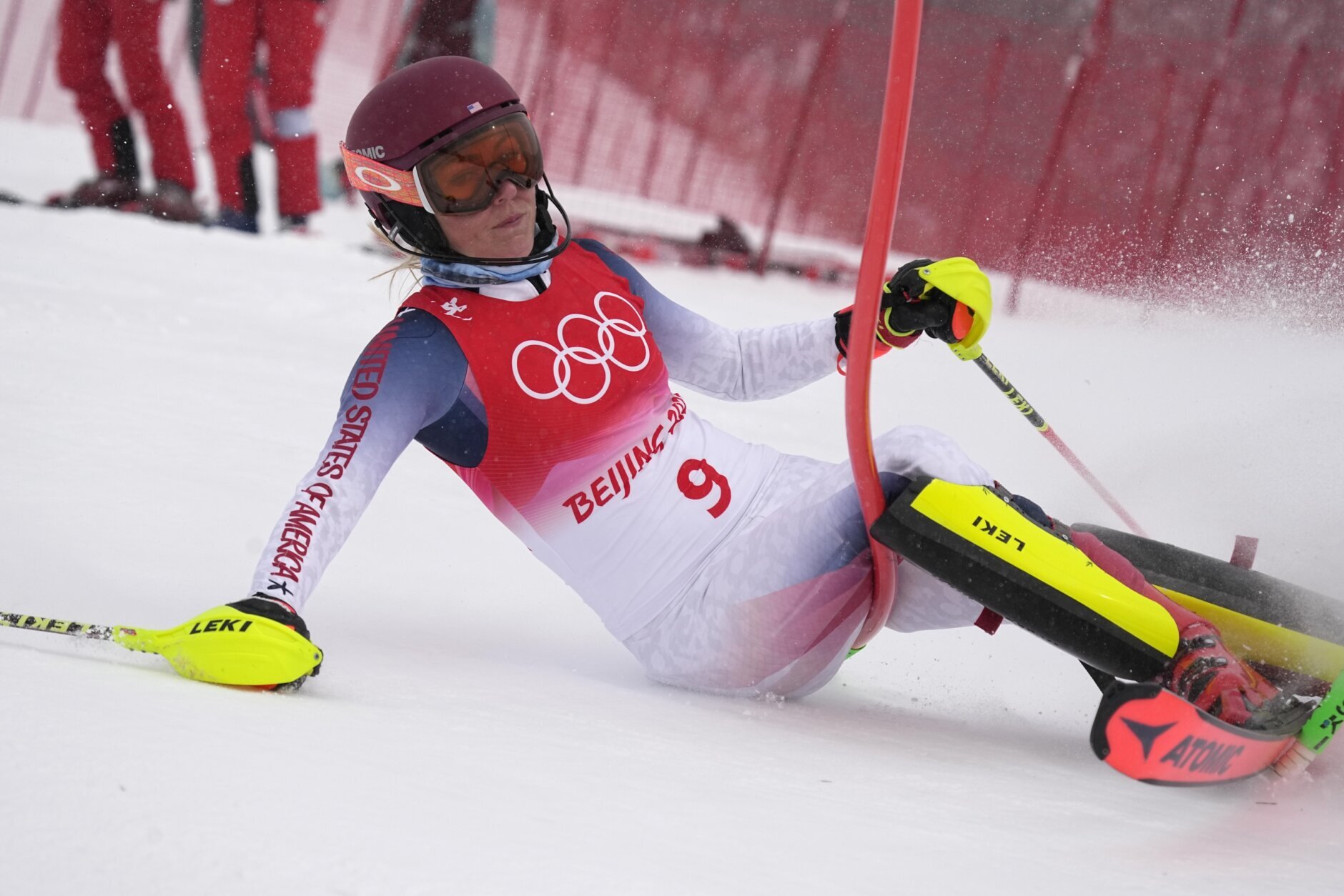 <p>Mikaela Shiffrin of the United States crashes out during the women&#8217;s combined slalom at the 2022 Winter Olympics, Thursday, Feb. 17, 2022, in the Yanqing district of Beijing.</p>
