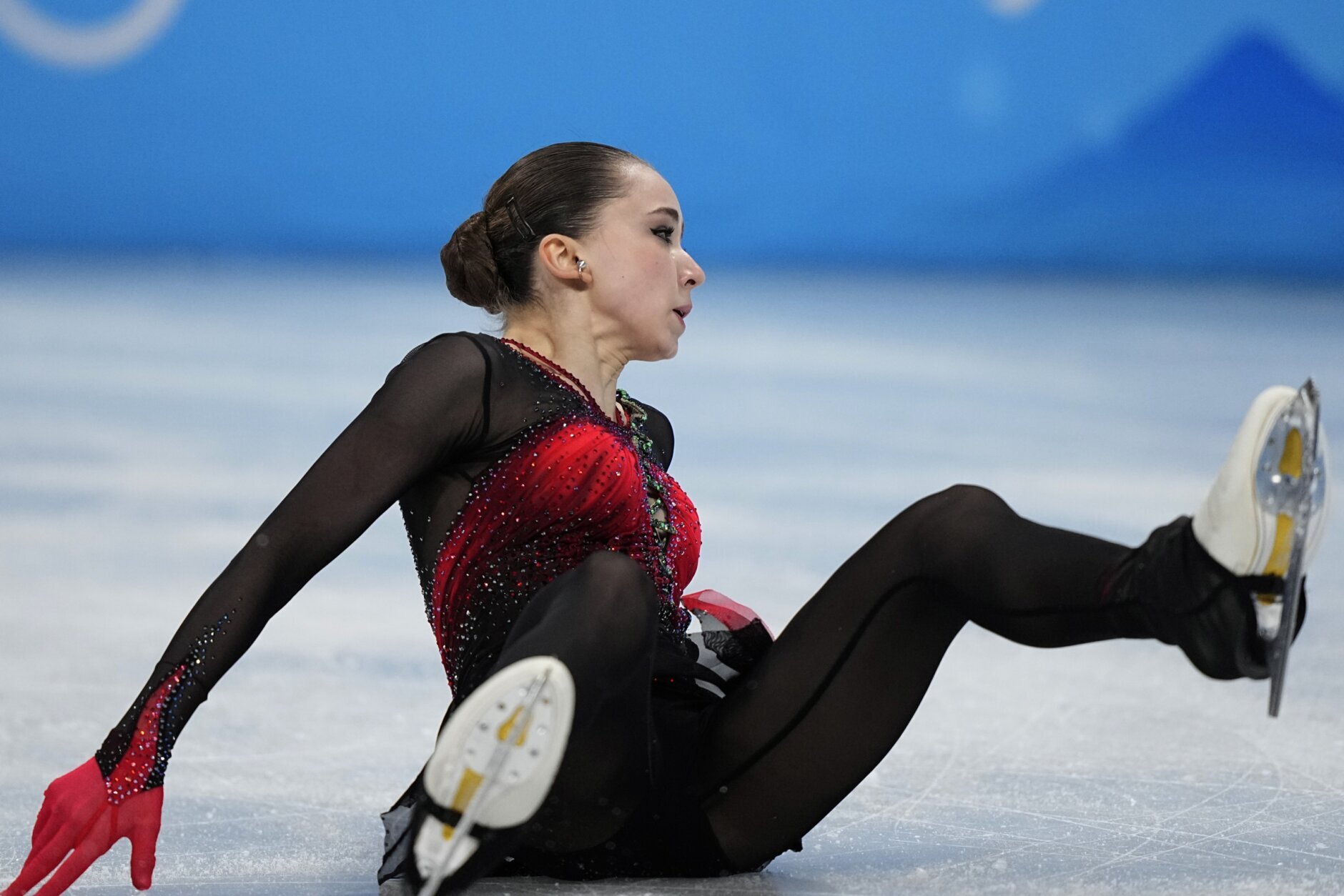 <p>Kamila Valieva, of the Russian Olympic Committee, falls in the women&#8217;s free skate program during the figure skating competition at the 2022 Winter Olympics, Thursday, Feb. 17, 2022, in Beijing.</p>
