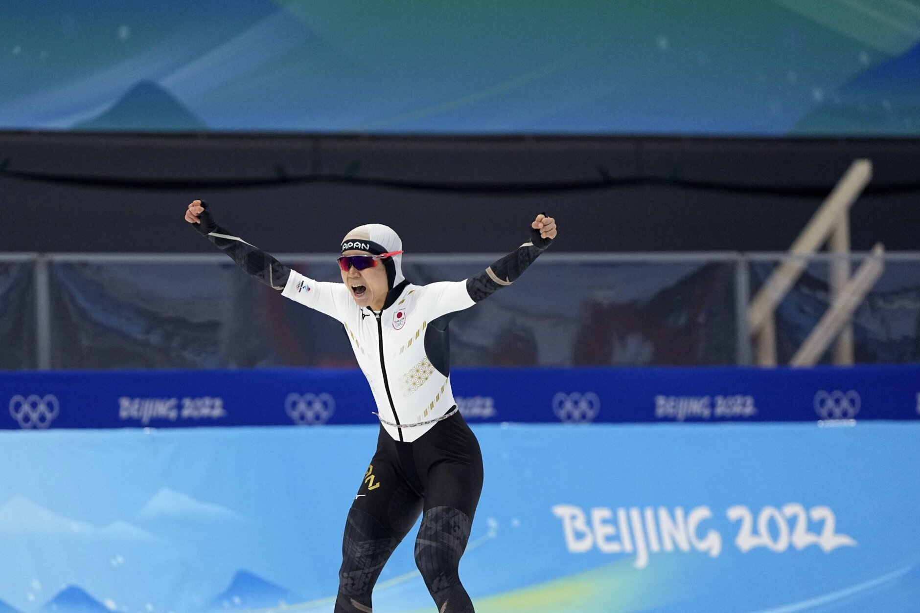 <p>Miho Takagi of Japan reacts after setting an Olympic record which stood for the gold medal during the women&#8217;s speedskating 1,000-meter finals at the 2022 Winter Olympics, Thursday, Feb. 17, 2022, in Beijing.</p>
