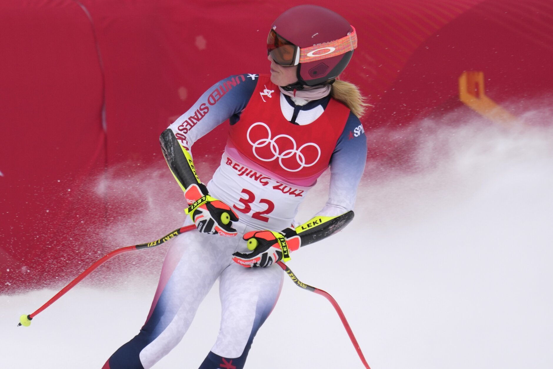 <p>Mikaela Shiffrin of United States finishing women&#8217;s downhill training at the 2022 Winter Olympics, Saturday, Feb. 12, 2022, in the Yanqing district of Beijing.</p>
