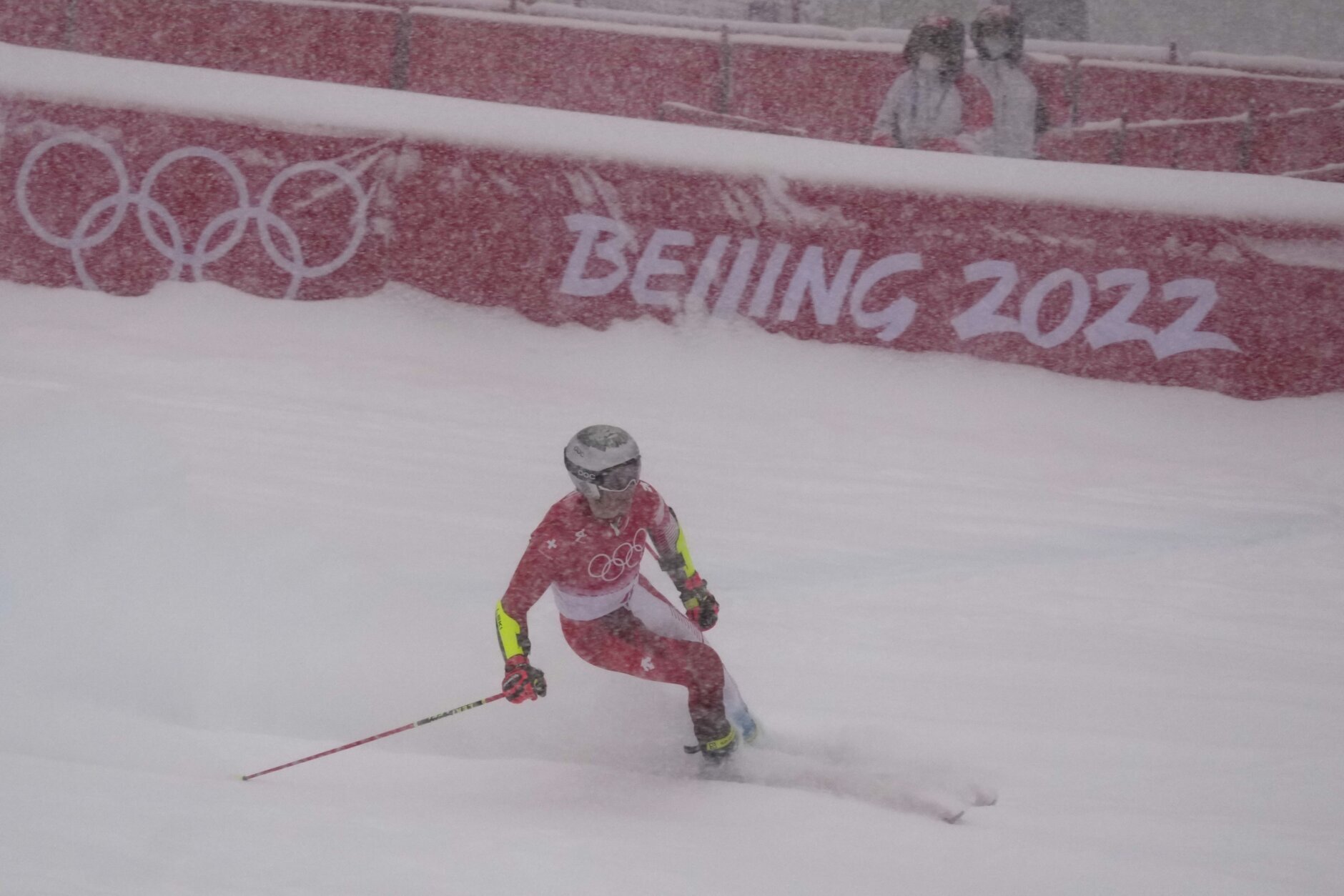 <p>Marco Odermatt, of Switzerland, finishing the first run of the men&#8217;s giant slalom at the 2022 Winter Olympics, Sunday, Feb. 13, 2022, in the Yanqing district of Beijing.</p>
