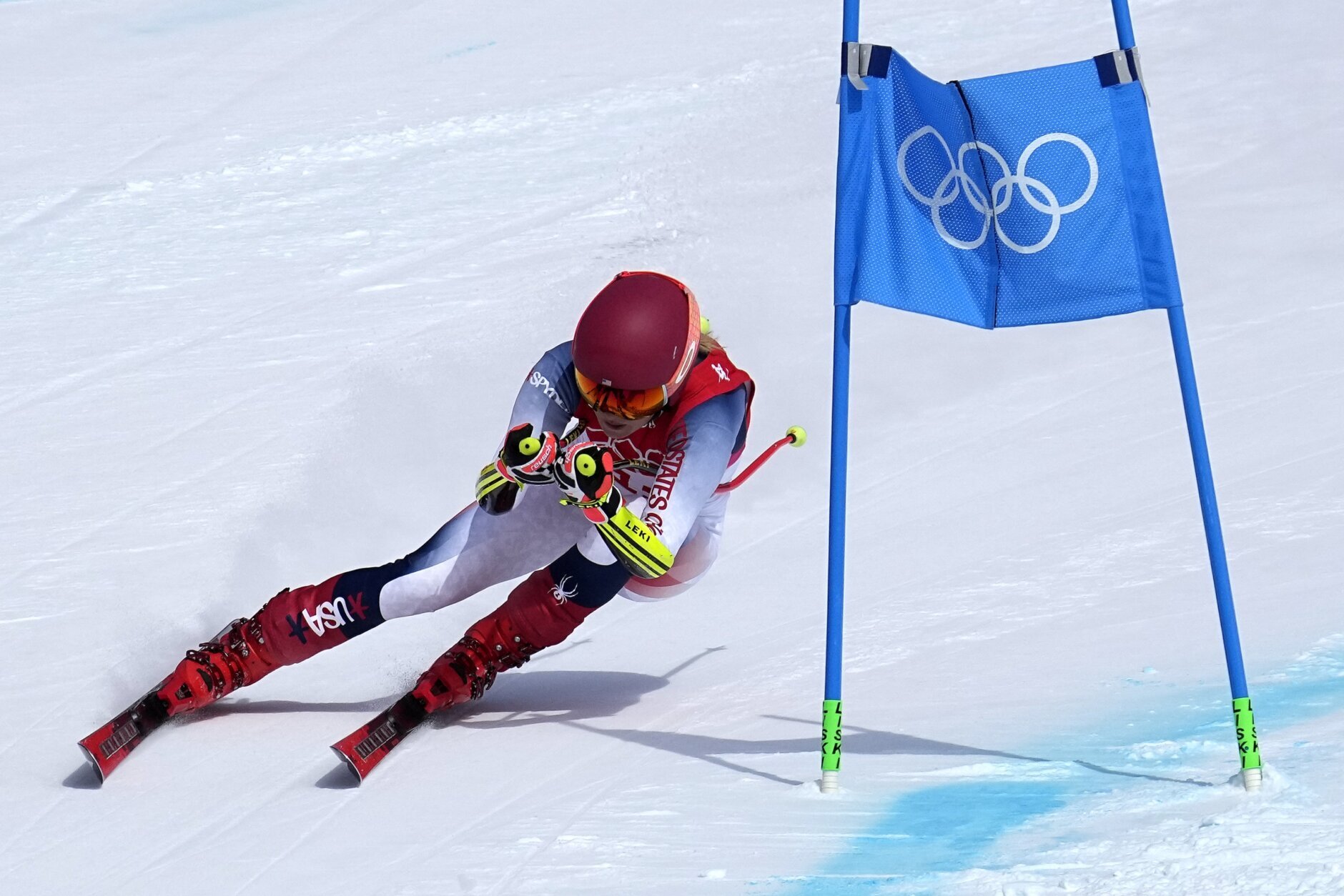 Mikaela Shiffrin, of United States makes a turn during the women's super-G at the 2022 Winter Olympics, Friday, Feb. 11, 2022, in the Yanqing district of Beijing. (AP Photo/Robert F. Bukaty)