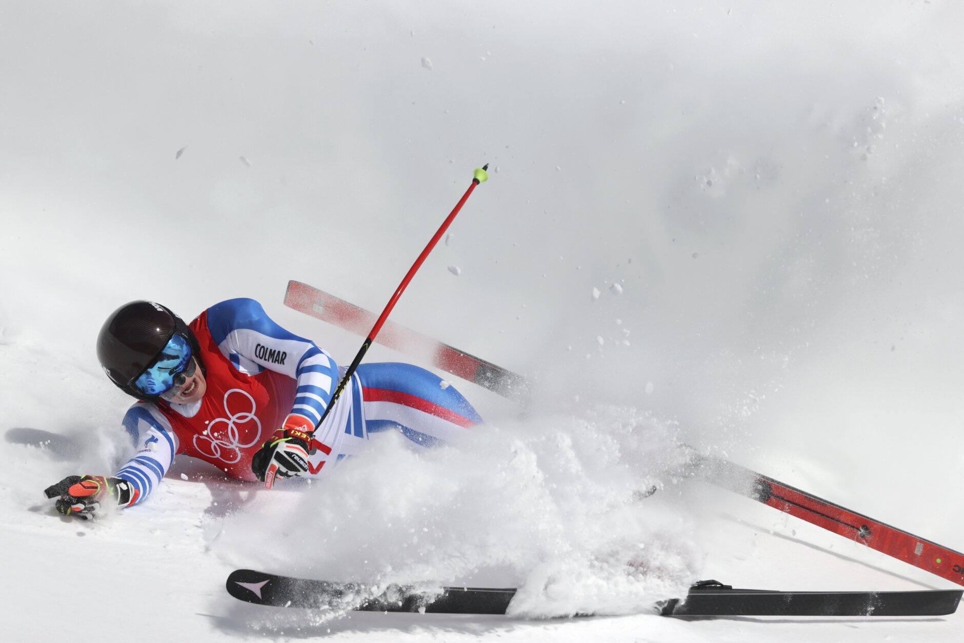 <p>Camille Cerutti, of France crashes during the women&#8217;s downhill at the 2022 Winter Olympics, Tuesday, Feb. 15, 2022, in the Yanqing district of Beijing.</p>
