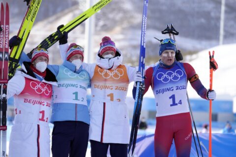Norway takes Olympic gold medal in biathlon team relay