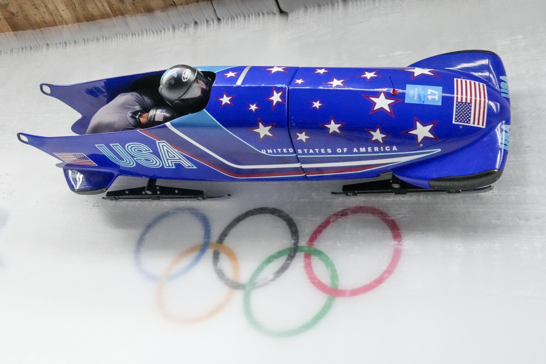 <p>Frank Delduca and Hakeem Abdul-Saboor, of United States, slide during the 2-man heat 1 at the 2022 Winter Olympics, Monday, Feb. 14, 2022, in the Yanqing district of Beijing.</p>
