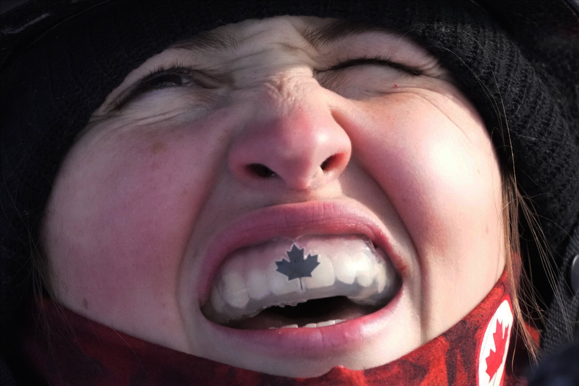 <p>Canada&#8217;s Elizabeth Hosking reacts during the women&#8217;s halfpipe finals at the 2022 Winter Olympics, Thursday, Feb. 10, 2022, in Zhangjiakou, China.</p>
