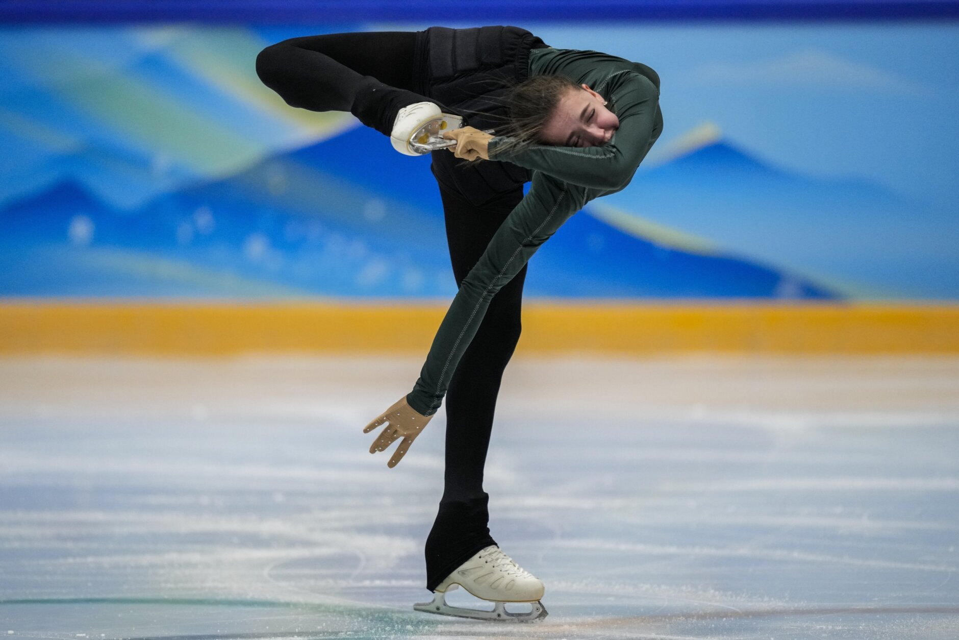<p>Kamila Valieva, of the Russian Olympic Committee, trains at the 2022 Winter Olympics, Saturday, Feb. 12, 2022, in Beijing.</p>
