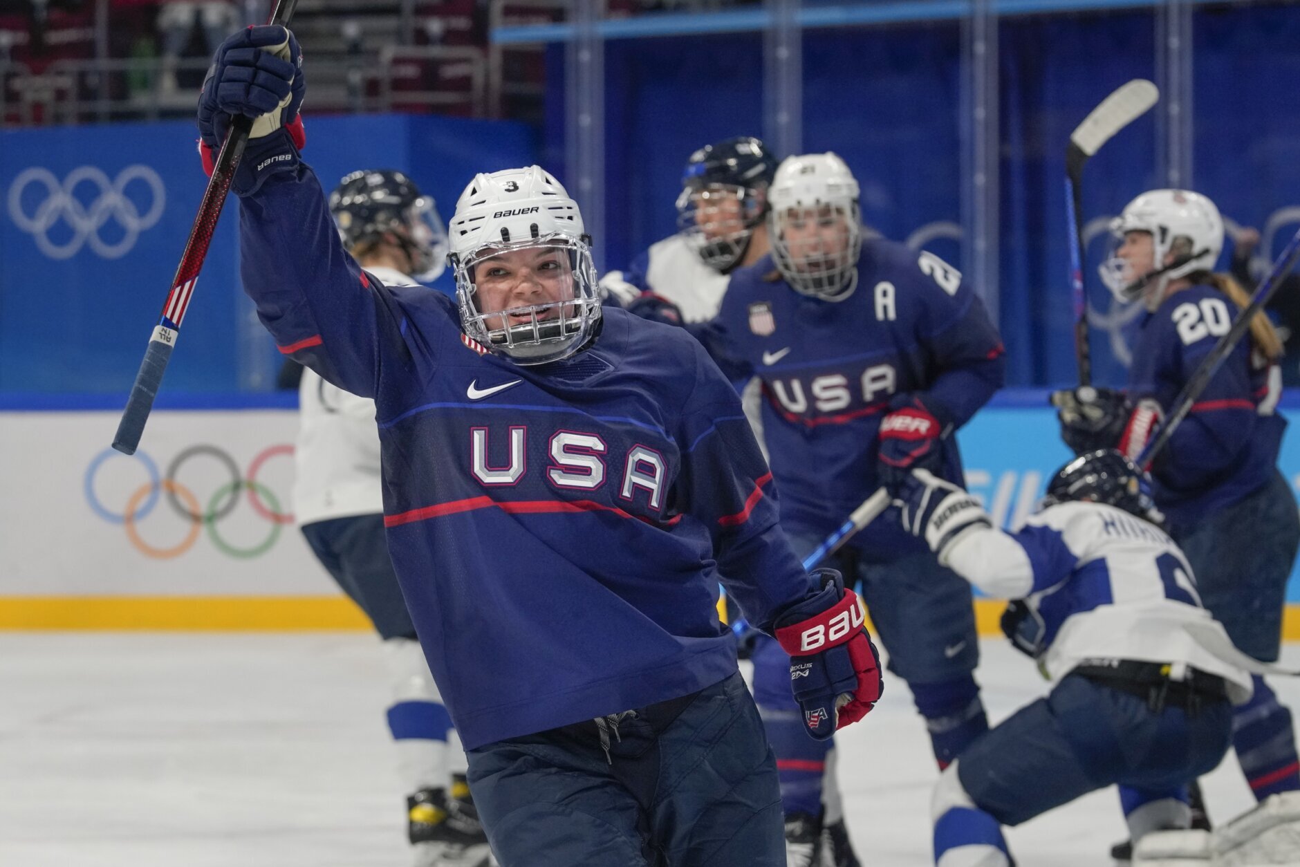 <p>United States&#8217; Cayla Barnes (3) celebrates after scoring a goal against Finland during a women&#8217;s semifinal hockey game at the 2022 Winter Olympics, Monday, Feb. 14, 2022, in Beijing.</p>
