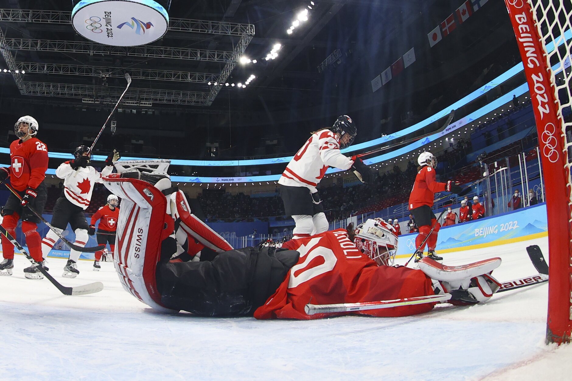 <p>Canada&#8217;s Blayre Turnbull (40) celebrates after scoring against Switzerland goalkeeper Andrea Braendli (20) during a women&#8217;s semifinal hockey game at the 2022 Winter Olympics, Monday, Feb. 14, 2022, in Beijing.</p>
