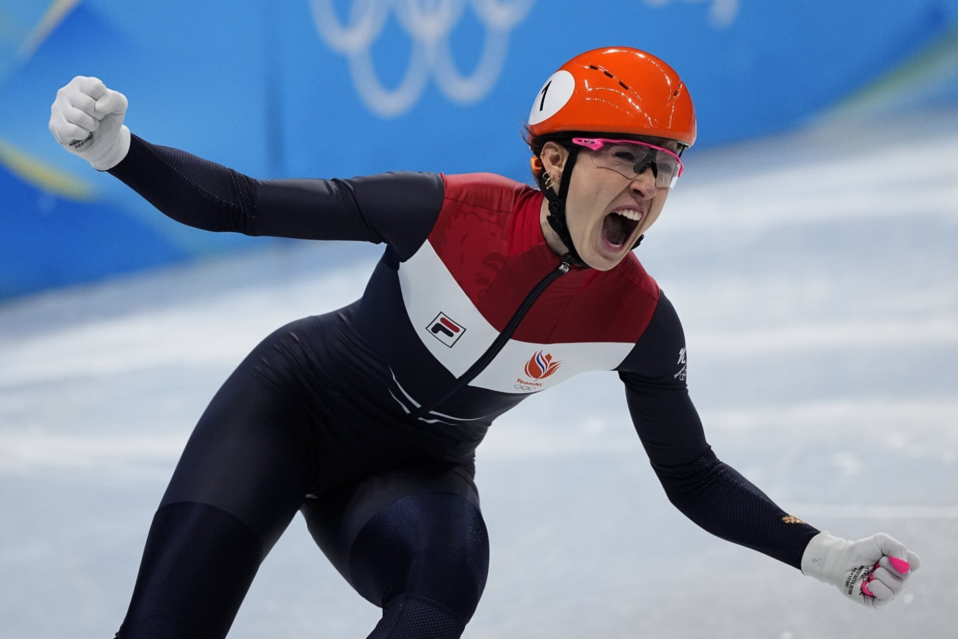 <p>Suzanne Schulting of the Netherlands, celebrates after her team&#8217;s win in the women&#8217;s 3000-meters relay final during the short track speedskating competition at the 2022 Winter Olympics, Sunday, Feb. 13, 2022, in Beijing.</p>
