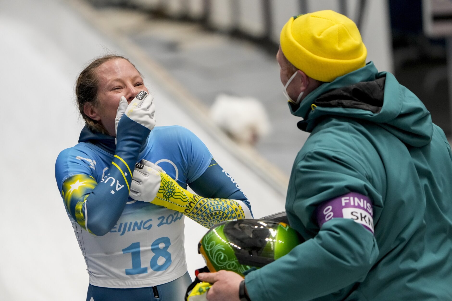 <p>Jaclyn Narracott, of Australia, celebrates winning the silver medal in the women&#8217;s skeleton at the 2022 Winter Olympics, Saturday, Feb. 12, 2022, in the Yanqing district of Beijing.</p>
