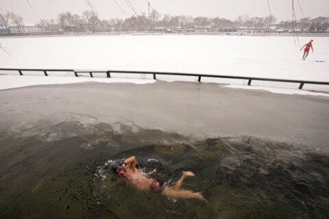 BEIJING SNAPSHOT: Swimmers plunge in icy lake near Olympics