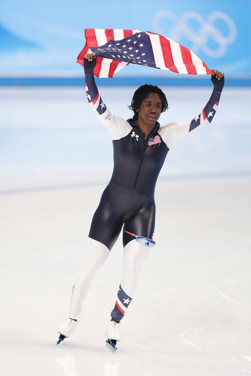 BEIJING, CHINA - FEBRUARY 13: Erin Jackson of Team United States reacts after winning the gold medal during the Women's 500m on day nine of the Beijing 2022 Winter Olympic Games at National Speed Skating Oval on February 13, 2022 in Beijing, China. (Photo by Richard Heathcote/Getty Images)