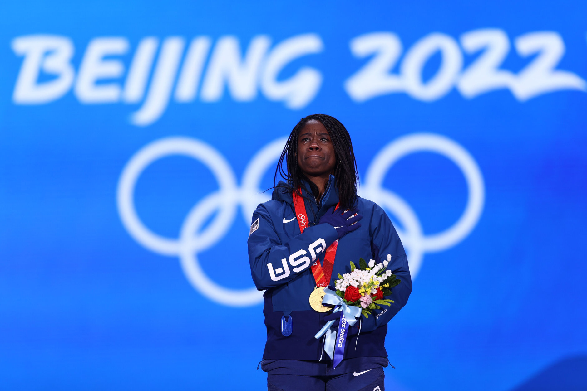 BEIJING, CHINA - FEBRUARY 14: Gold medallist Erin Jackson of Team United States reacts during the Women's 500m medal ceremony on Day 10 of the Beijing 2022 Winter Olympics at Medal Plaza on February 14, 2022 in Beijing, China. (Photo by Dean Mouhtaropoulos/Getty Images)