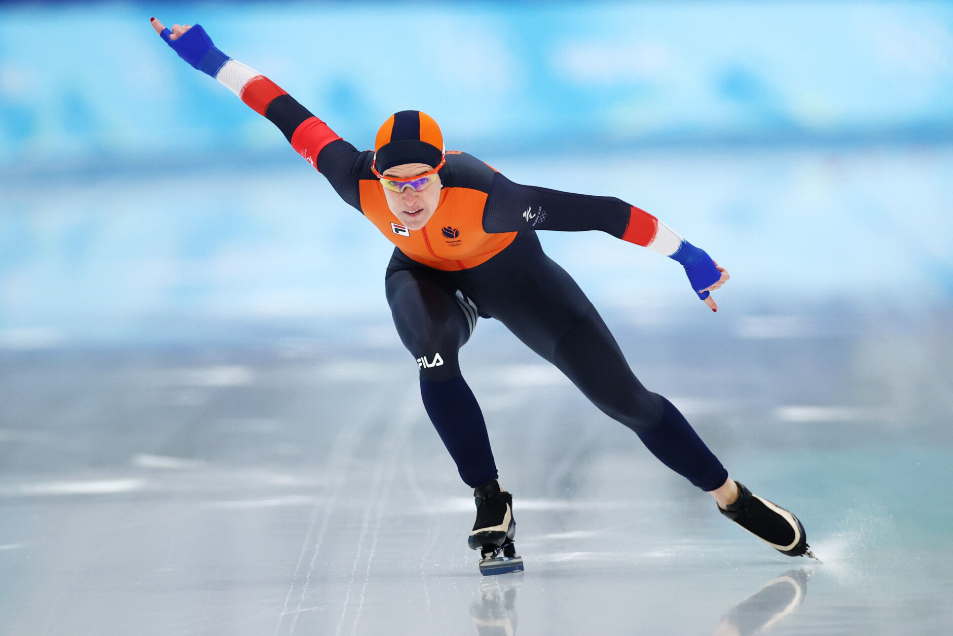 BEIJING, CHINA - FEBRUARY 17: Ireen Wust of Team Netherlands skates during the Women's 1000m flower ceremony on day thirteen of the Beijing 2022 Winter Olympic Games at National Speed Skating Oval on February 17, 2022 in Beijing, China. (Photo by Dean Mouhtaropoulos/Getty Images)