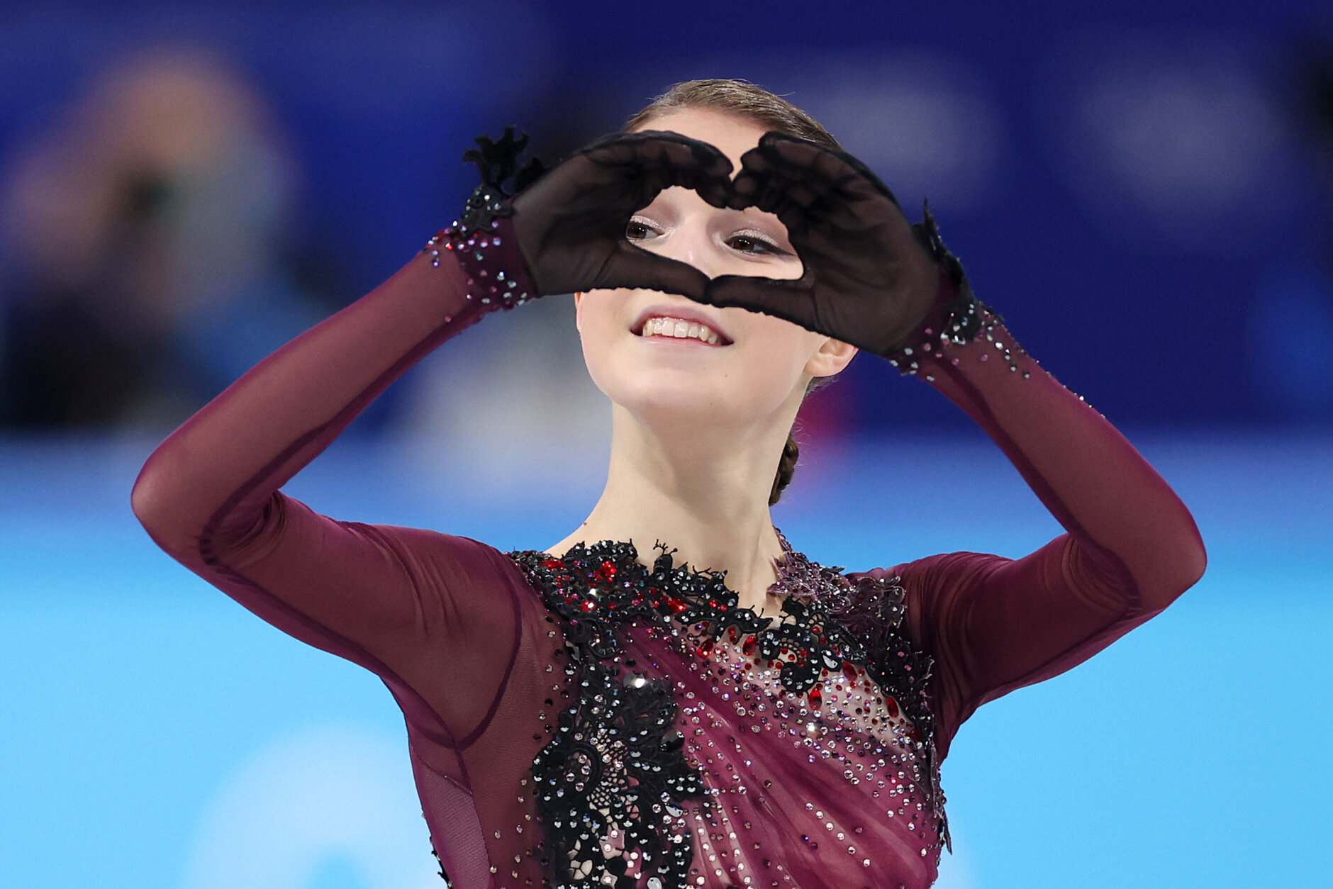 BEIJING, CHINA - FEBRUARY 17: Anna Shcherbakova of Team ROC reacts after skating during the Women Single Skating Free Skating on day thirteen of the Beijing 2022 Winter Olympic Games at Capital Indoor Stadium on February 17, 2022 in Beijing, China. (Photo by Matthew Stockman/Getty Images)