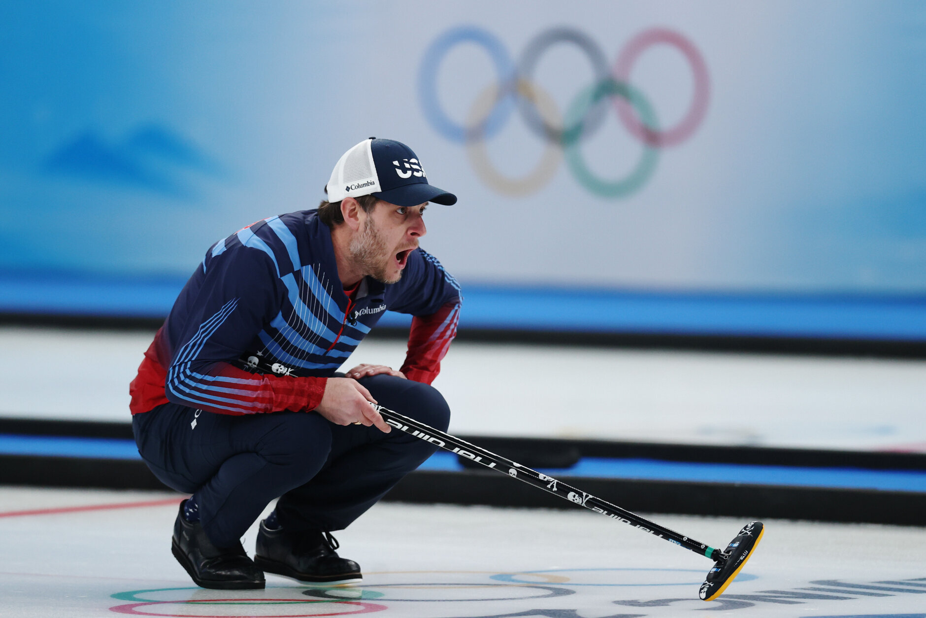 BEIJING, CHINA - FEBRUARY 17: John Shuster of Team United States competes against Team Great Britain during the Men’s Semifinal on Day 13 of the Beijing 2022 Winter Olympic Games at National Aquatics Centre on February 17, 2022 in Beijing, China. (Photo by Dean Mouhtaropoulos/Getty Images)