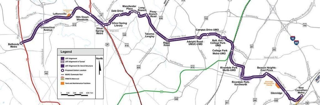 Map of the future Purple Line and work locations