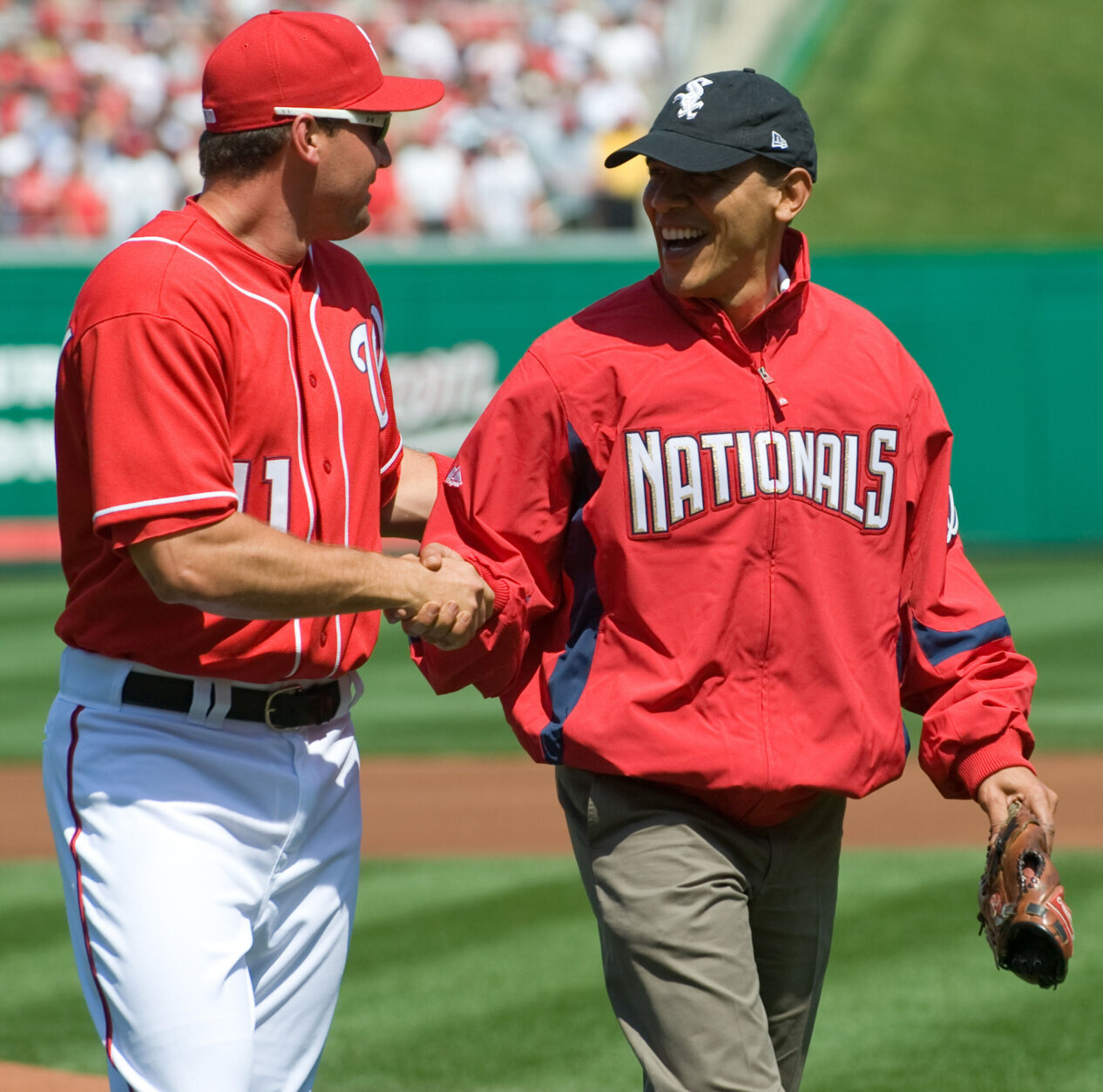<p>Mr. National meet Mr. President. Zimmerman had the honor of catching President Barack Obama&#8217;s first pitch at Nationals Park on Opening Day 2010. Let&#8217;s hope he reminded the president to wear the right hat next time.</p>
