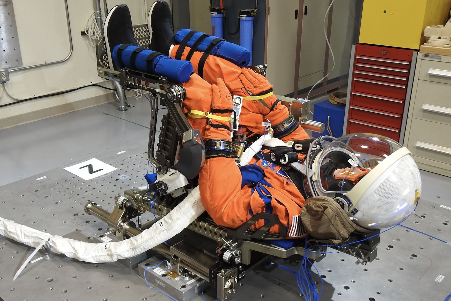 The Artemis I "moonikin" outfitted with sensors to provide data on what crew members may experience in flight. (Courtesy NASA)