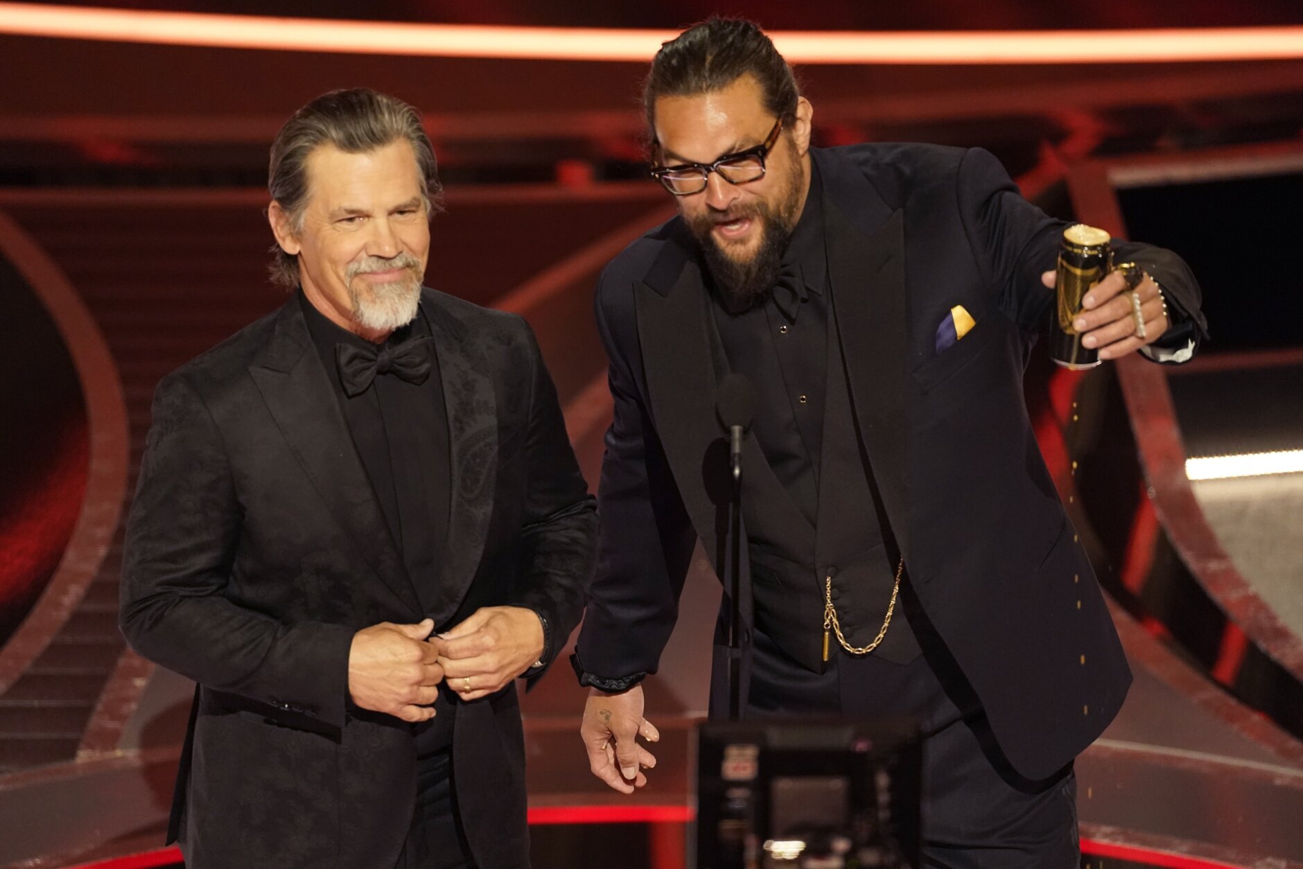 Josh Brolin, left, and Jason Momoa present the award for best sound at the Oscars on Sunday, March 27, 2022, at the Dolby Theatre in Los Angeles. (AP Photo/Chris Pizzello)