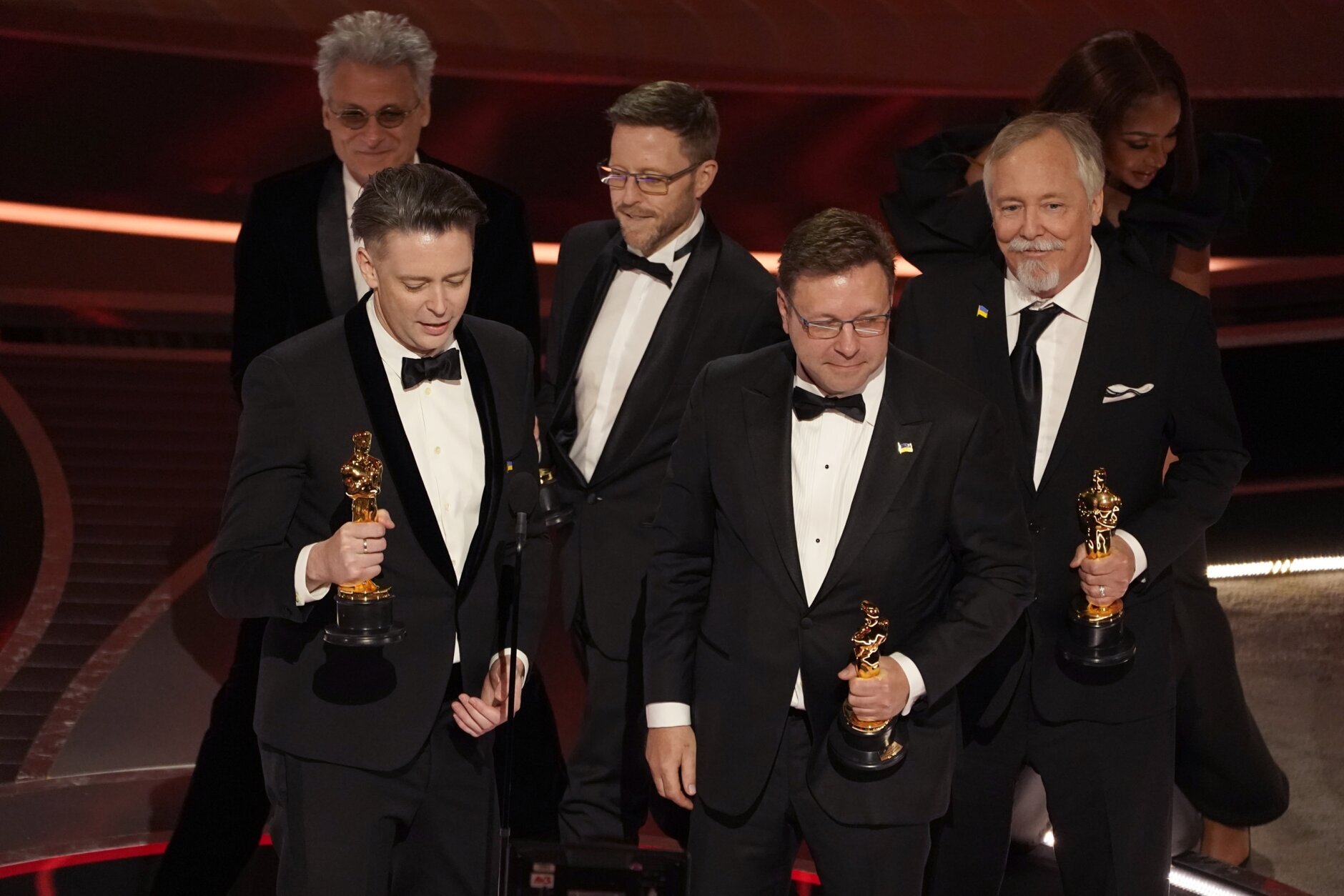 The team from "Dune" accept the award for best sound for "Dune" at the Oscars on Sunday, March 27, 2022, at the Dolby Theatre in Los Angeles. (AP Photo/Chris Pizzello)