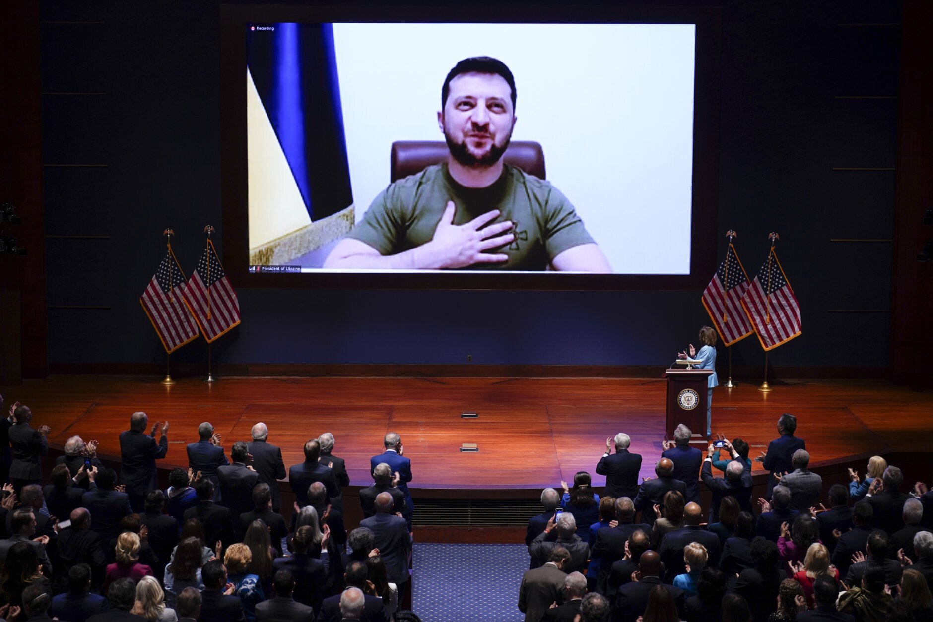 <p>Speaker of the House Nancy Pelosi, D-Calif., introduces Ukrainian President Volodymyr Zelenskyy to speak to the U.S. Congress by video at the Capitol in Washington, Wednesday, March 16, 2022.</p>
