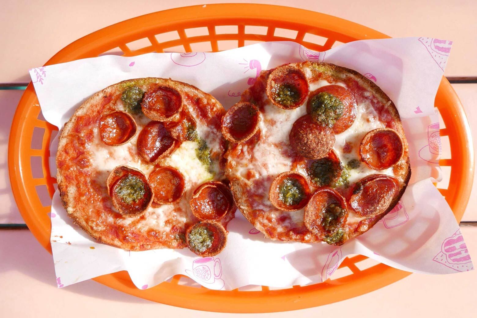 Pizza bagels in a basket