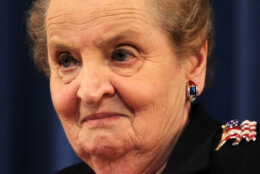 WASHINGTON, DC - SEPTEMBER 23:  Former Secretary of State Madeleine Albright listens during a naturalization ceremony at Department of Interior September 23, 2011 in Washington, DC. Albright, formerly of Czechoslovakia, was recognized with the Outstanding American by Choice at the ceremony for her significant contributions to her adopted country. About 50 new immigrants from 29 countries participated in the naturalization ceremony to become new U.S. citizens.  (Photo by Alex Wong/Getty Images)