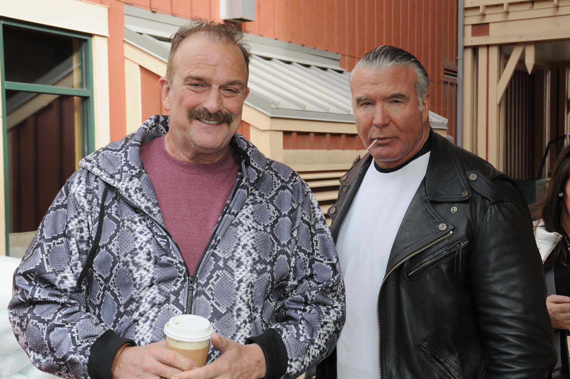 PARK CITY, UT - JANUARY 24:  Wrestlers Jake 'The Snake' Roberts (L) and Scott Hall attend the Music Lodge Hosts MTV Interview Studio on January 24, 2015 in Park City, Utah.  (Photo by Clayton Chase/Getty Images for Music Lodge)