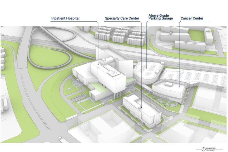 <p>The initial concept layout for the Inova medical campus was filed on March 4 and included three buildings and a parking lot in the space previously held by Landmark Mall.</p>
