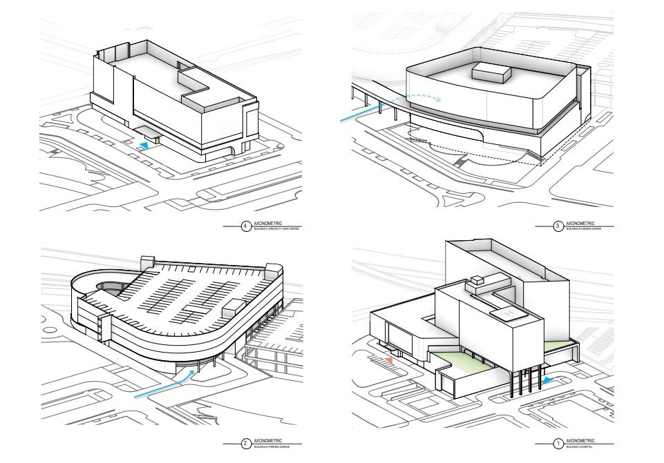 <p>A level two trauma center, a cancer center and a specialty care center equipped with helipads and parking spaces are also marked on the campus concept maps.</p>
