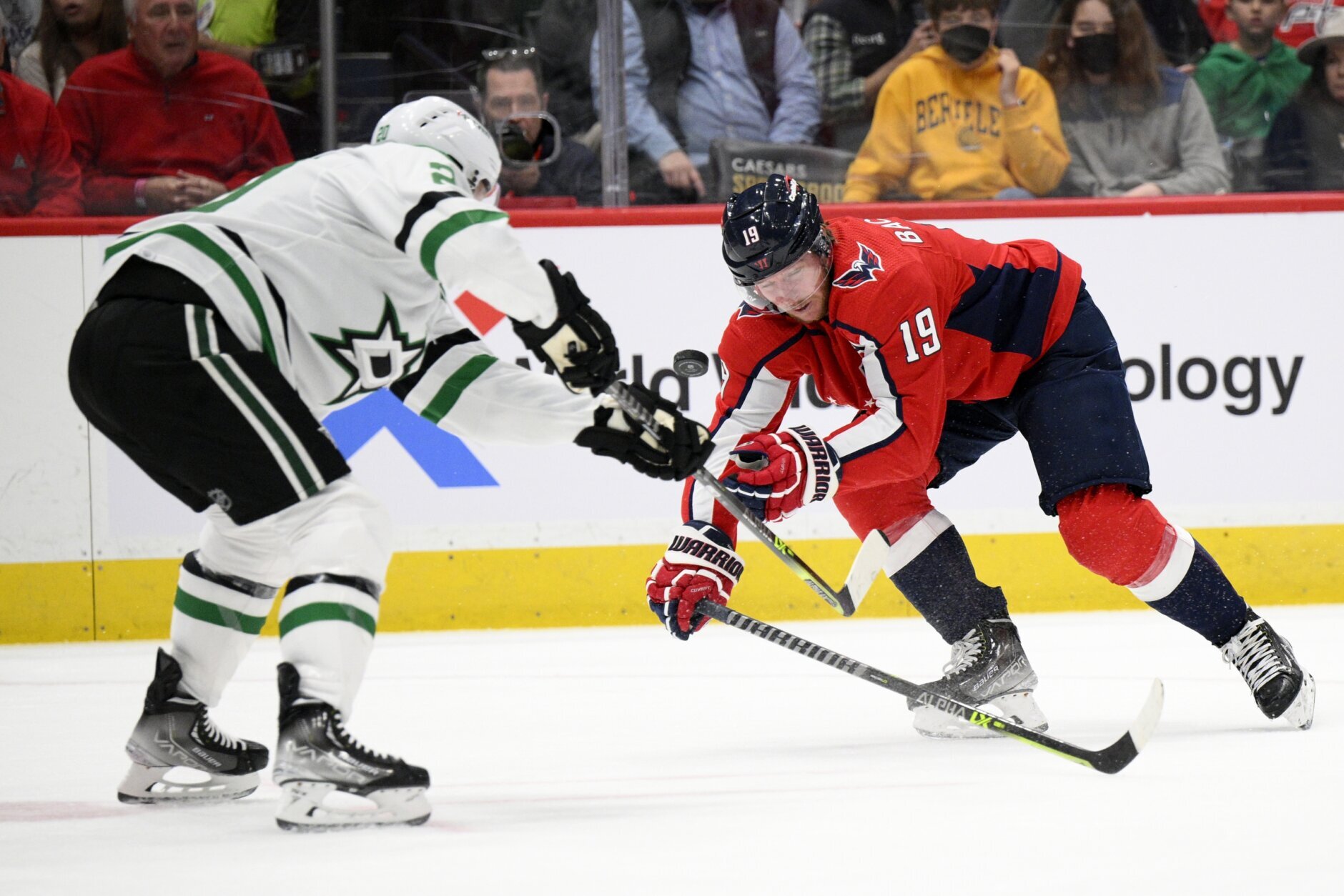 T.J. Oshie of the Washington Capitals flips the puck during