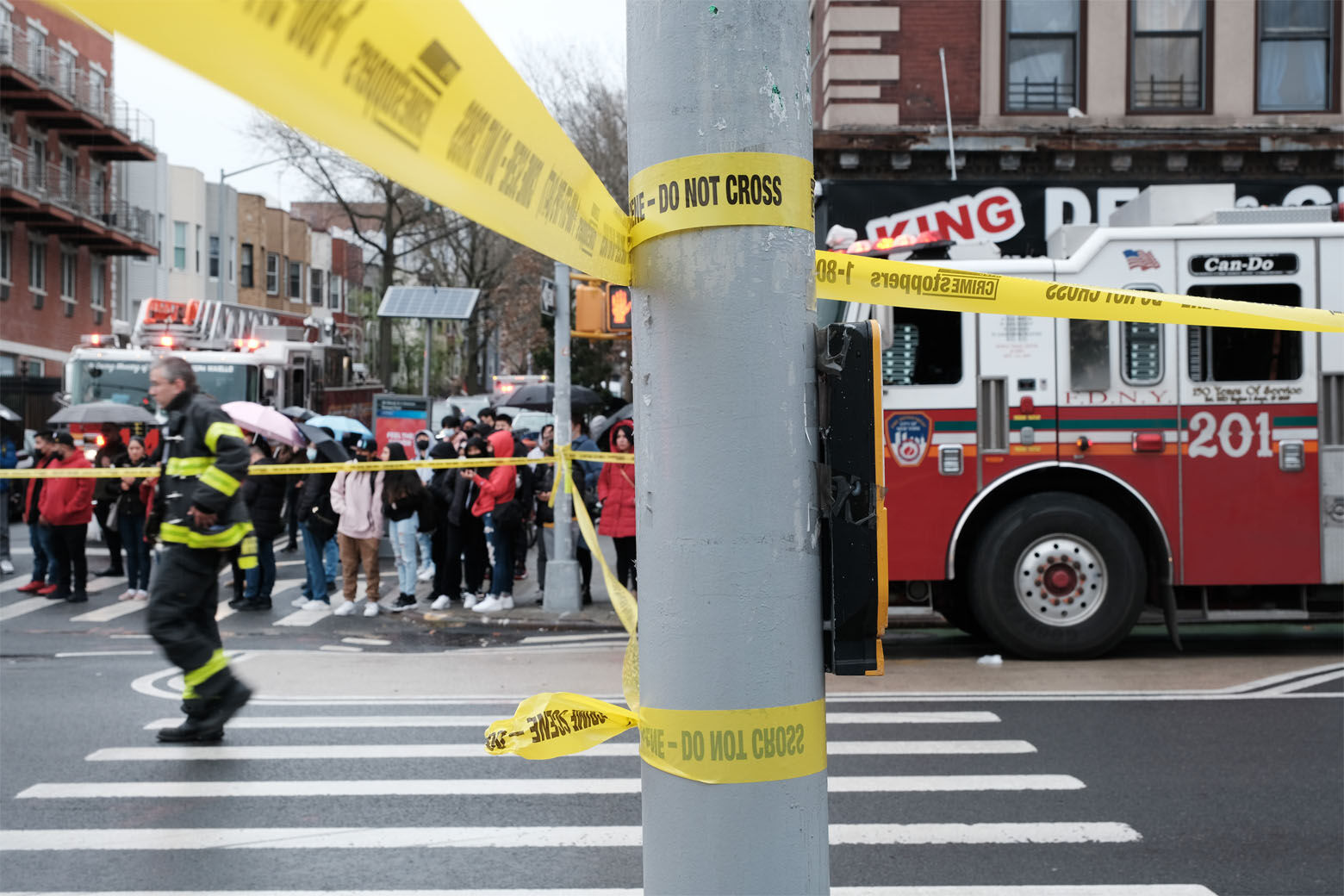 Police and emergency responders gather at the site of a reported shooting of multiple people outside of the 36 St subway station on April 12, 2022 in the Brooklyn borough of New York City. According to authorities, multiple people have reportedly been shot and several undetonated devices were discovered at the 36th Street and Fourth Avenue station in the Sunset Park neighborhood.  (Photo by Spencer Platt/Getty Images)