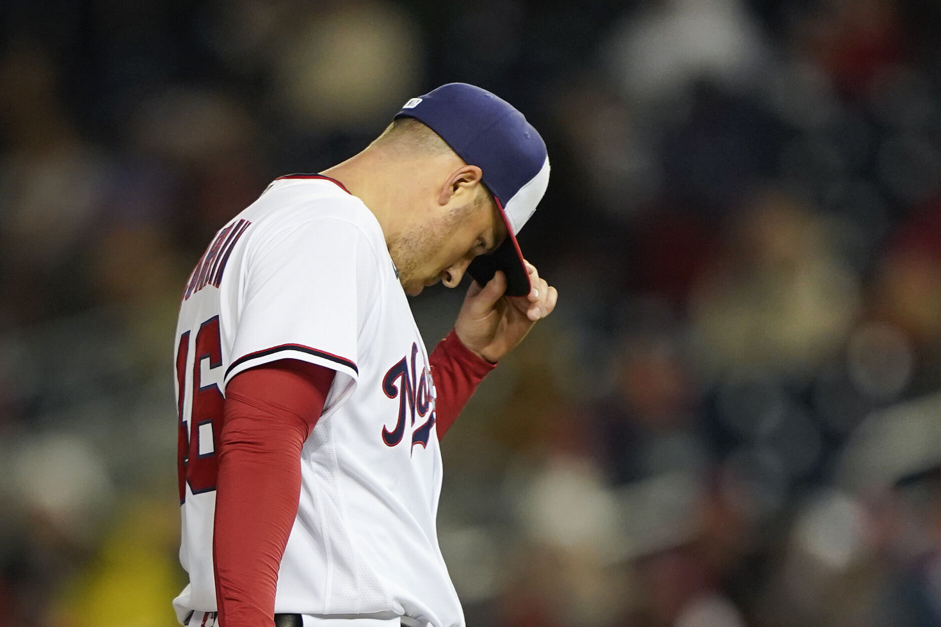 Washington Nationals starting pitcher Patrick Corbin exits the game during the fifth inning of an opening day baseball game against the New York Mets at Nationals Park, Thursday, April 7, 2022, in Washington. (AP Photo/Alex Brandon)
