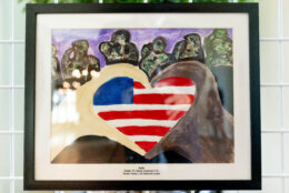 Artwork by military connected children is on display along the public tour route at the White House in Washington, Friday, April 29, 2022, First lady Jill Biden has added a temporary installation in the East Wing of more then 20 pieces of artwork from military children across the country and those stationed around the world.in honor of the Month of the Military Child. (AP Photo/Andrew Harnik)