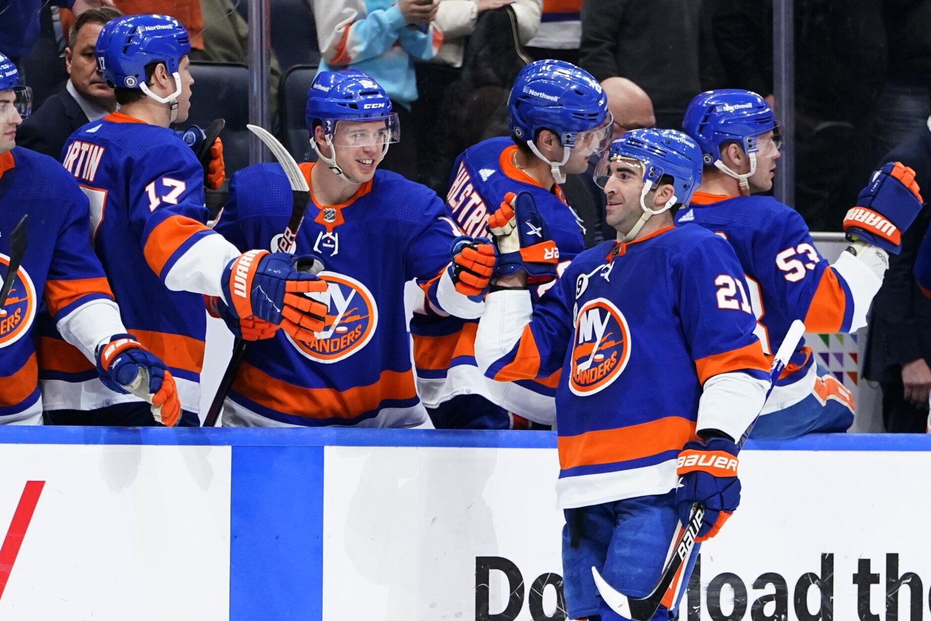 New York Islanders center Josh Bailey (12) celebrates his goal against the  Tampa Bay Lightning during the second period of Game 4 of an NHL hockey  Stanley Cup semifinal, Saturday, June 19