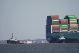 The tugboats Atlantic Enterprise, left, and Atlantic Salvor, right, use lines to pull the container ship Ever Forward, which ran aground in the Chesapeake Bay, as crews began to attempt to refloat the ship, Tuesday, March 29, 2022, in Pasadena, Md. (AP Photo/Julio Cortez)